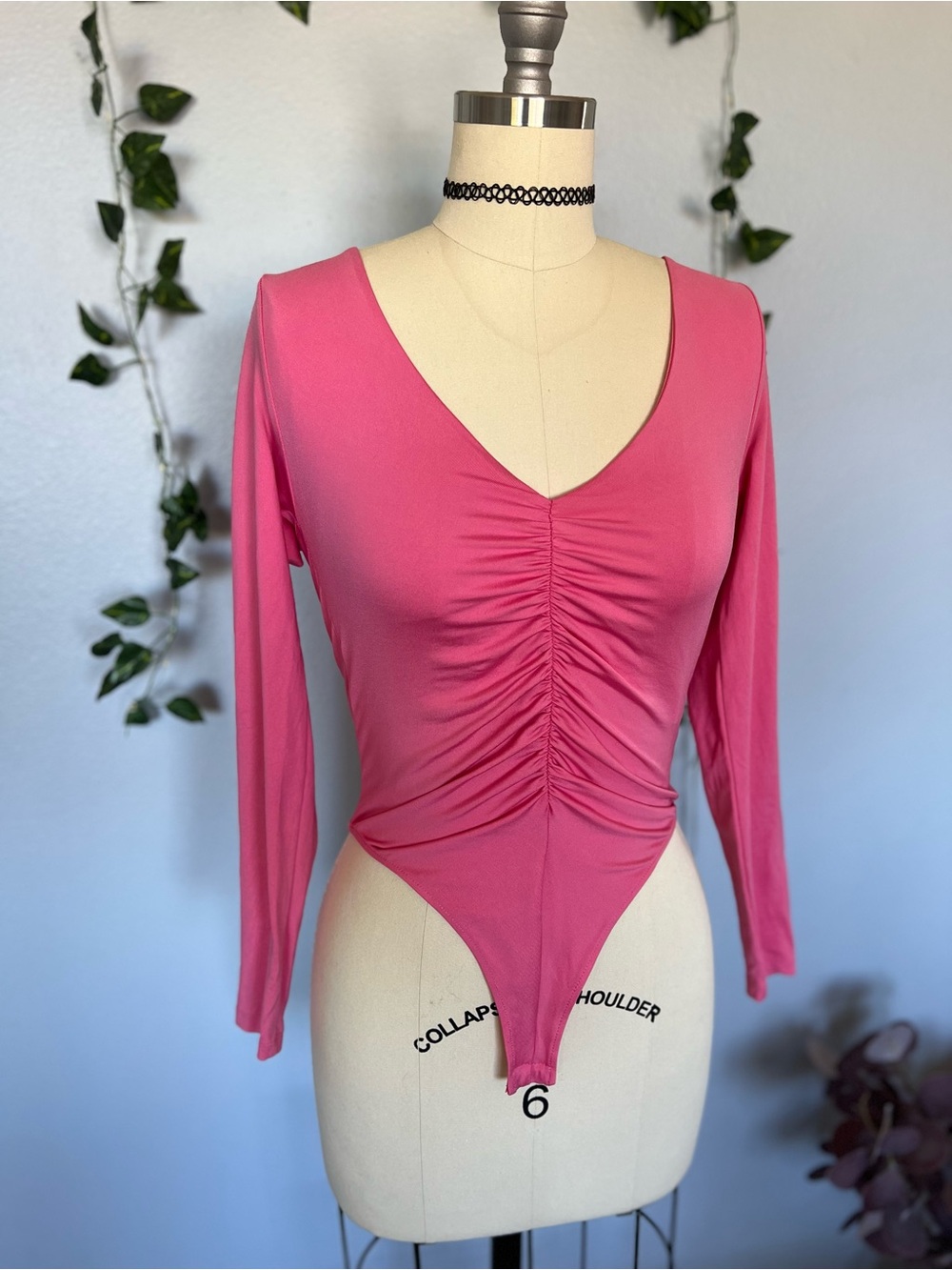 Zara Hot Pink Ruched V-Neck Long Sleeve Thong Cut Bodysuit
